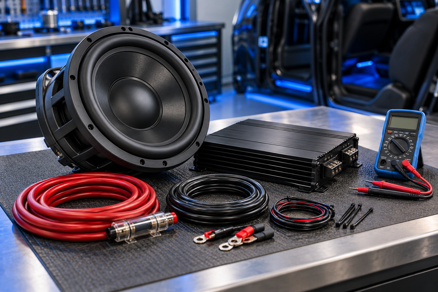 Car audio equipment and measurement tools arranged on a workshop bench